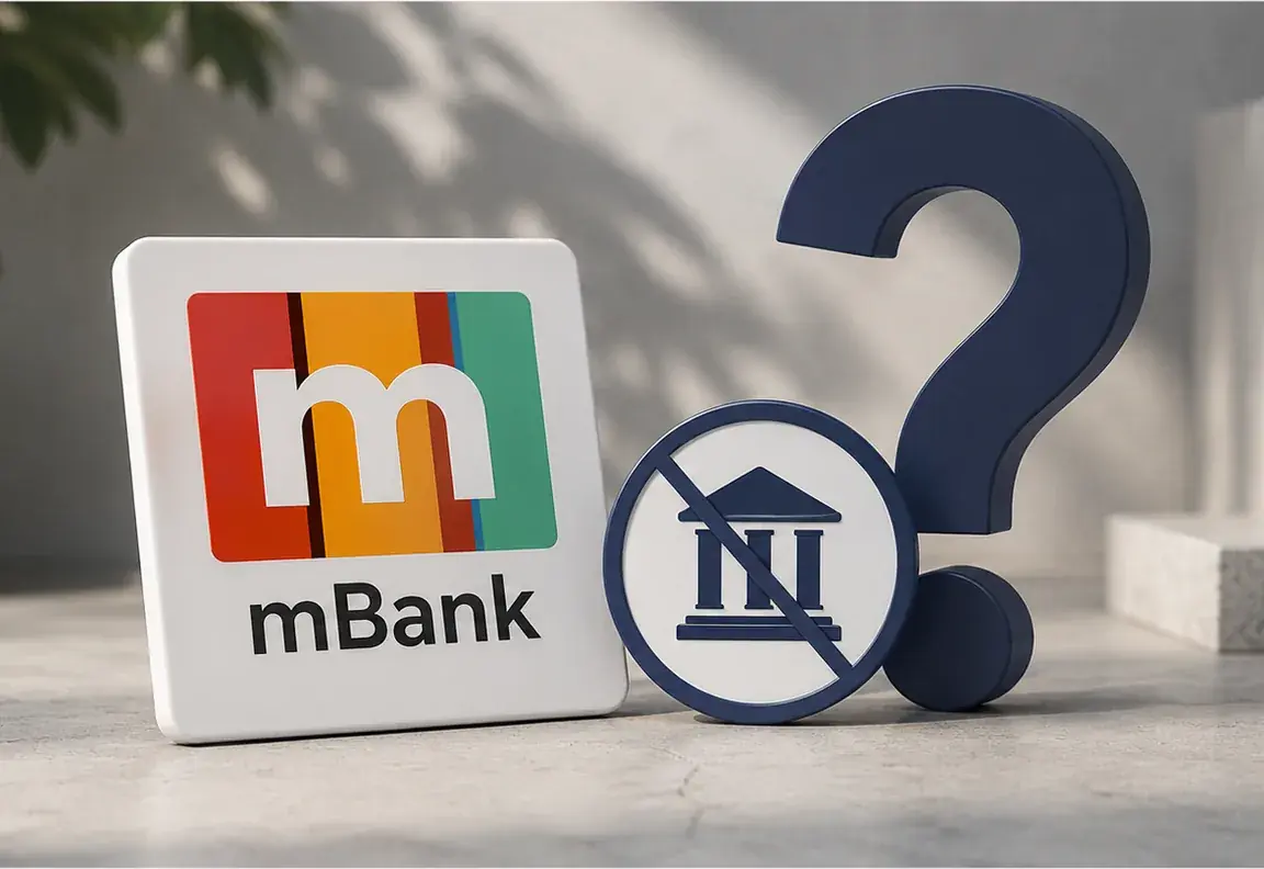 Logo mBank vedle přeškrtnuté ikony banky a velkého otazníku