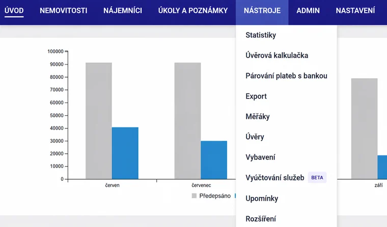 Aplikace Repilot: rozbalená záložka Nástroje s položkou Vyúčtování služeb označenou štítkem Beta