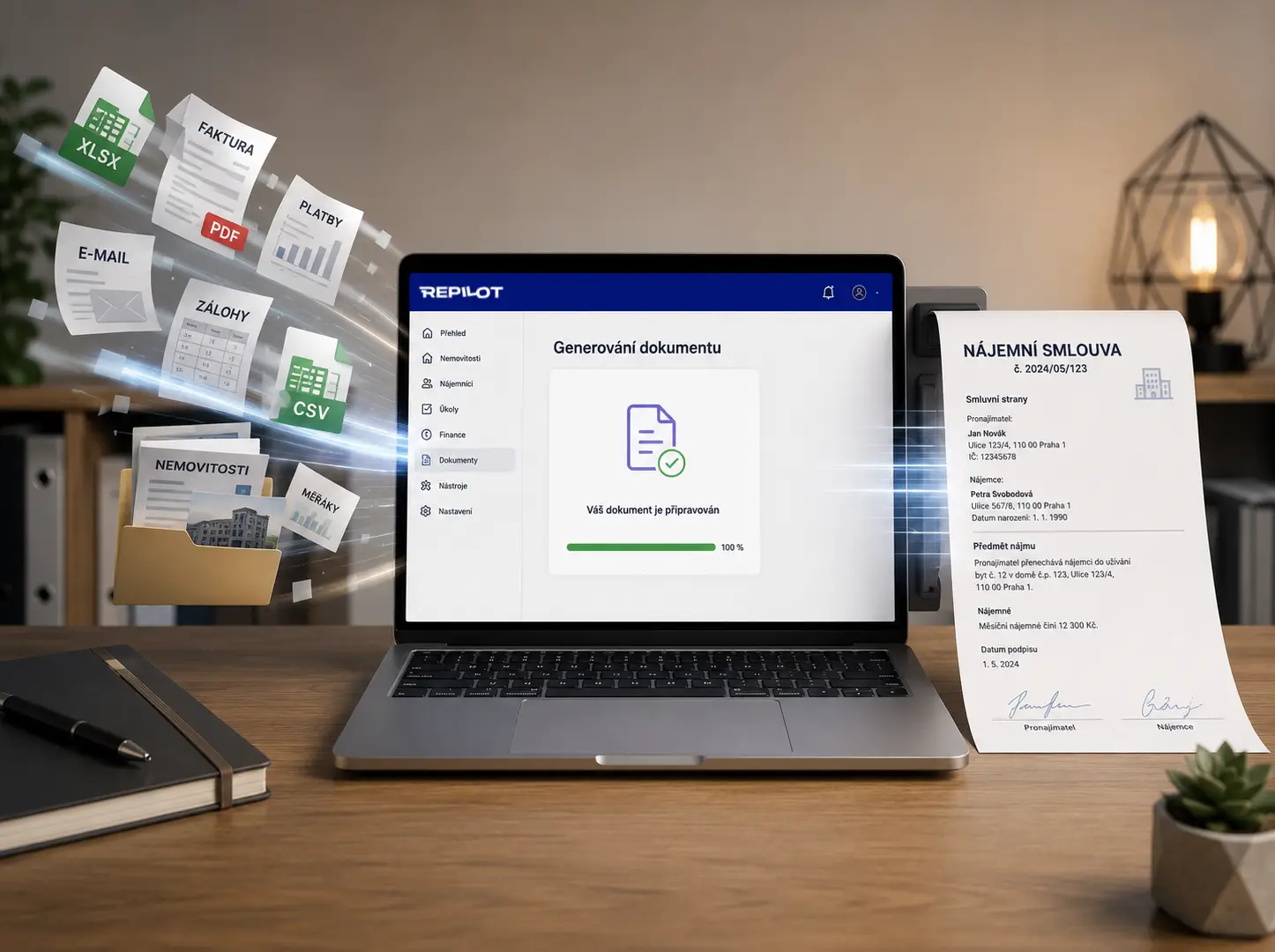 Notebook s Repilotem generuje dokument a vedle vyjíždí hotová nájemní smlouva s podpisy