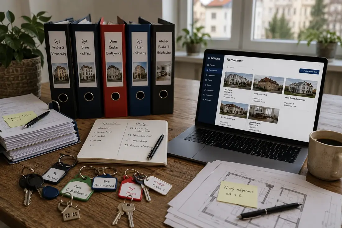 Pořadače a klíče od bytů vedle notebooku s přehledem nemovitostí v Repilotu