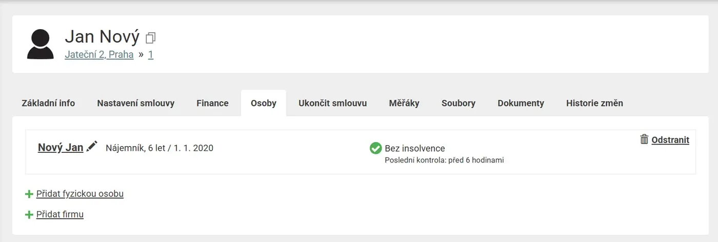 Aplikace Repilot: detail nájemníka na záložce Osoby s výsledkem kontroly insolvence
