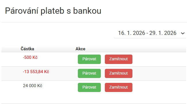 Aplikace Repilot: seznam plateb z banky s tlačítky Párovat a Zamítnout