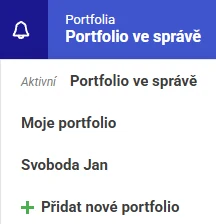 Aplikace Repilot: nabídka pro přepnutí mezi portfolii a přidání nového portfolia