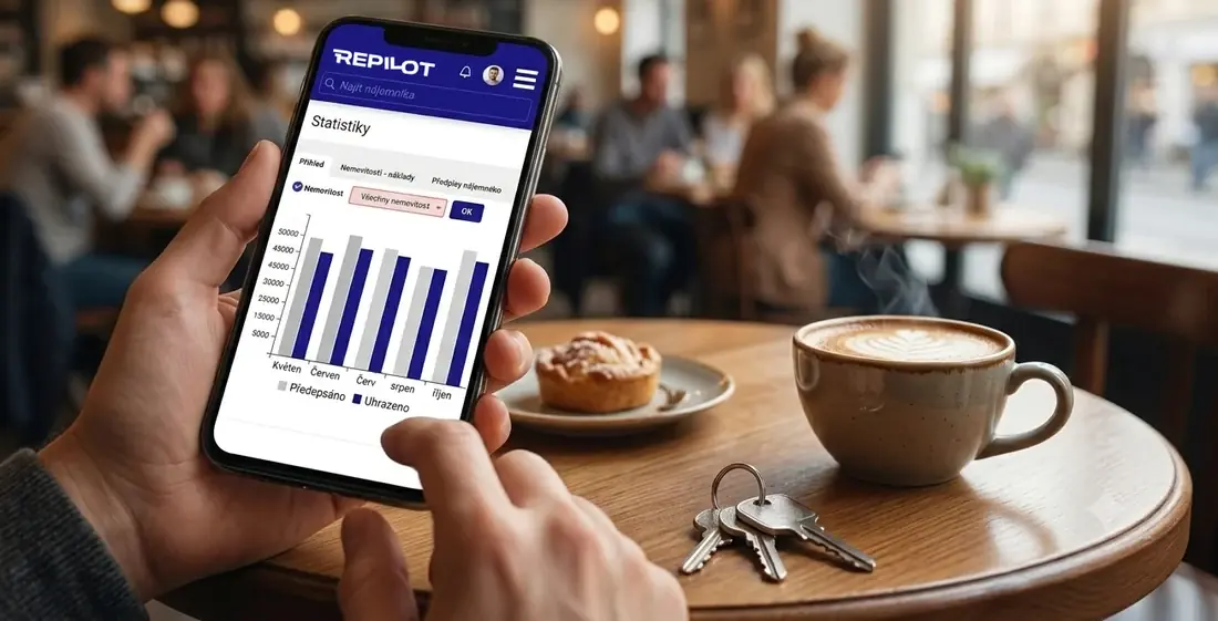Ruka drží v kavárně mobil se statistikami nájemného v aplikaci Repilot