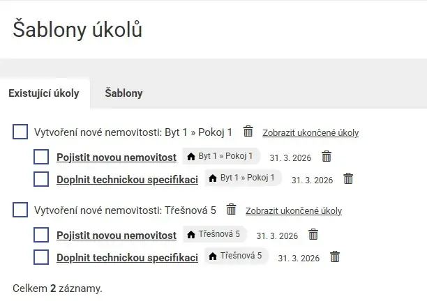 Aplikace Repilot: úkoly vytvořené ze šablony při založení nové nemovitosti