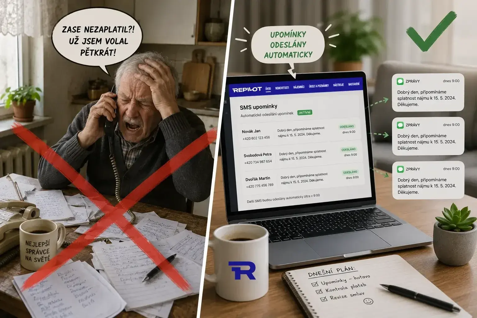 Vlevo přeškrtnutý muž obvolávající dlužníky, vpravo Repilot rozesílá SMS upomínky automaticky
