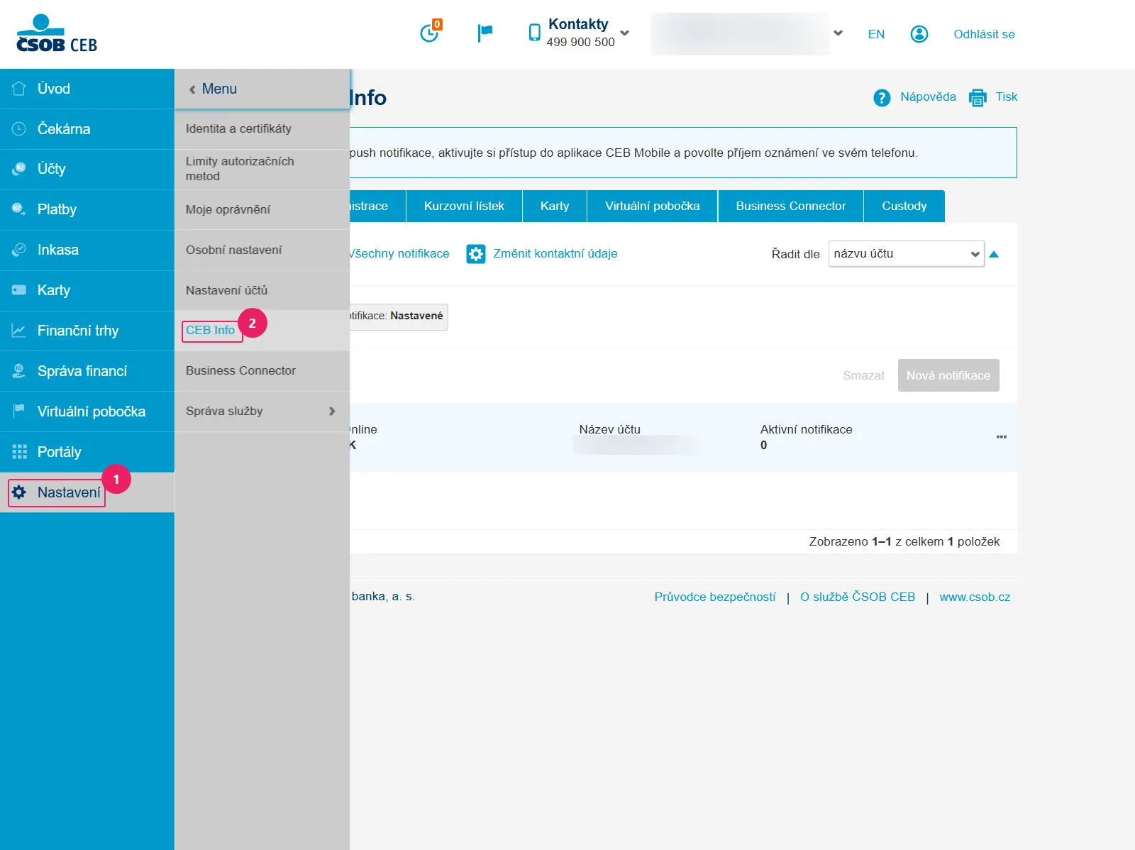 Internetové bankovnictví ČSOB CEB: menu Nastavení → CEB Info