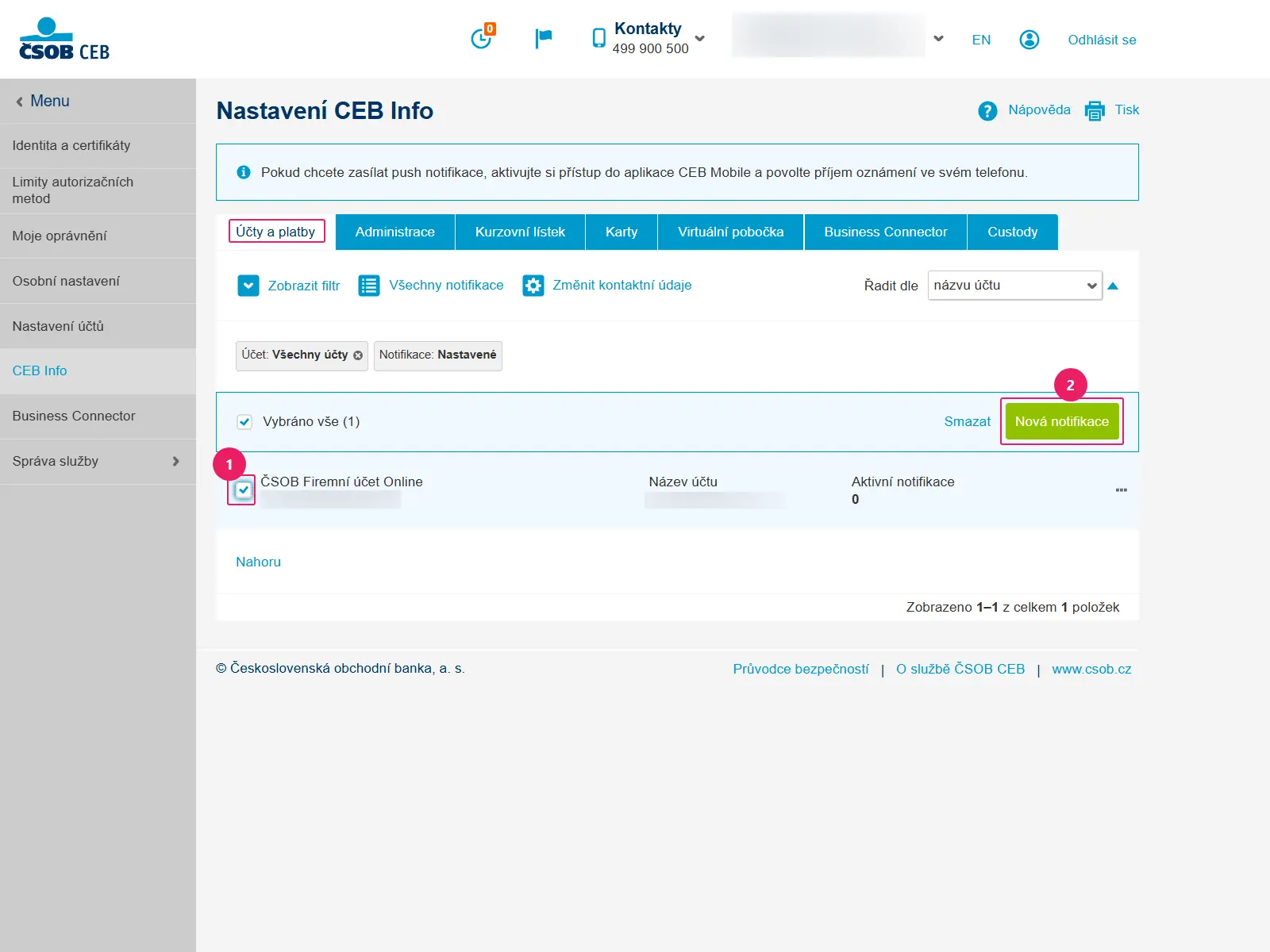 Internetové bankovnictví ČSOB CEB: záložka Účty a platby, výběr účtu a tlačítko Nová notifikace