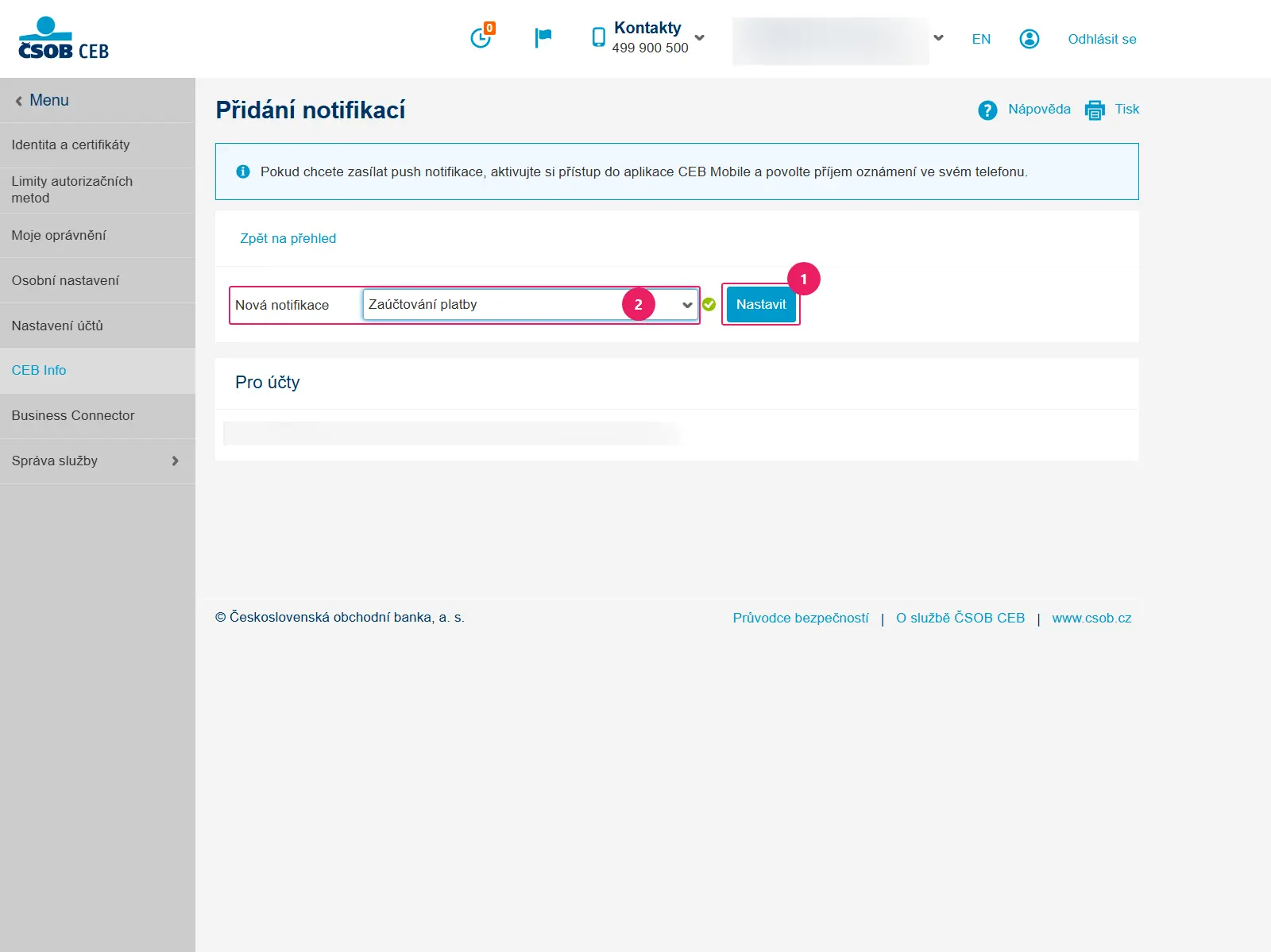 Internetové bankovnictví ČSOB CEB: výběr notifikace Zaúčtování platby a tlačítko Nastavit