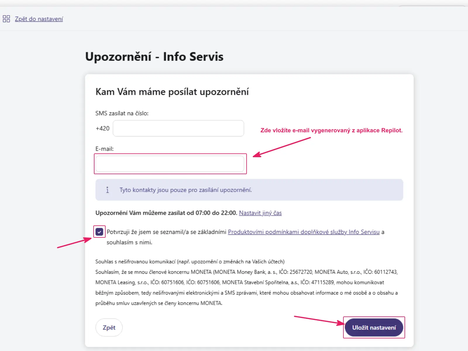 Internetové bankovnictví Moneta: pole E‑mail pro notifikační adresu Repilot a Uložit nastavení