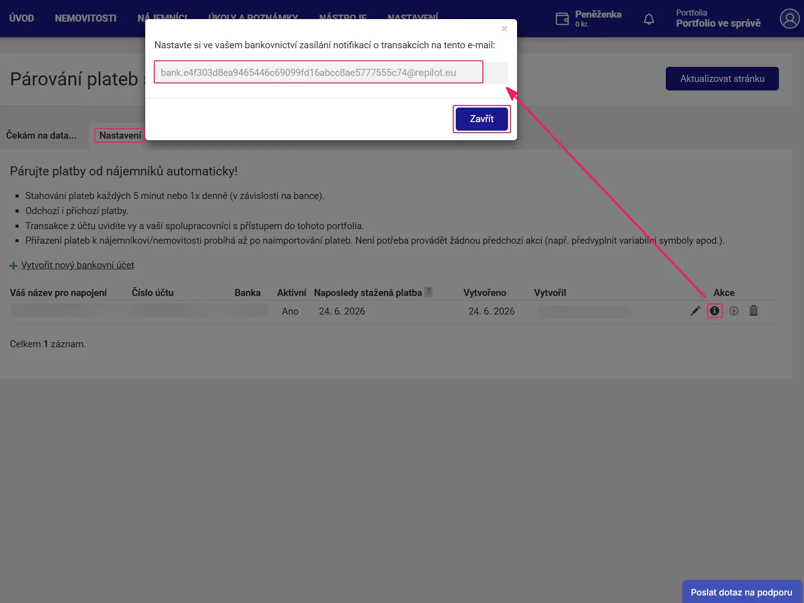 Aplikace Repilot: dialog se zkopírovatelnou adresou notifikačního e‑mailu pro banku