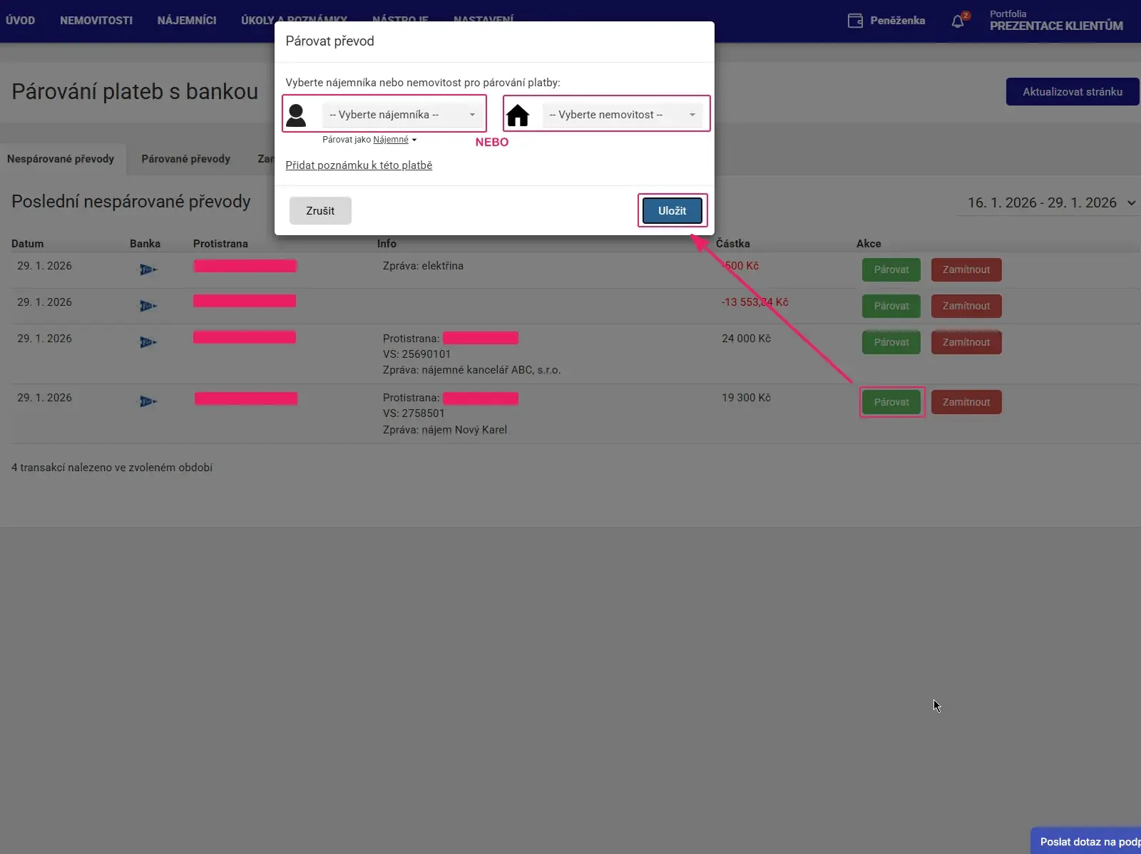 Aplikace Repilot: dialog Párovat převod s výběrem nájemníka nebo nemovitosti a tlačítkem Uložit