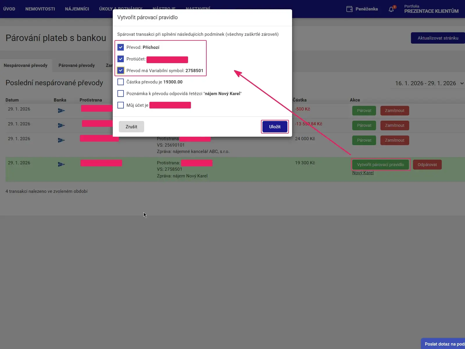 Aplikace Repilot: dialog Vytvořit párovací pravidlo s podmínkami protiúčtu a variabilního symbolu