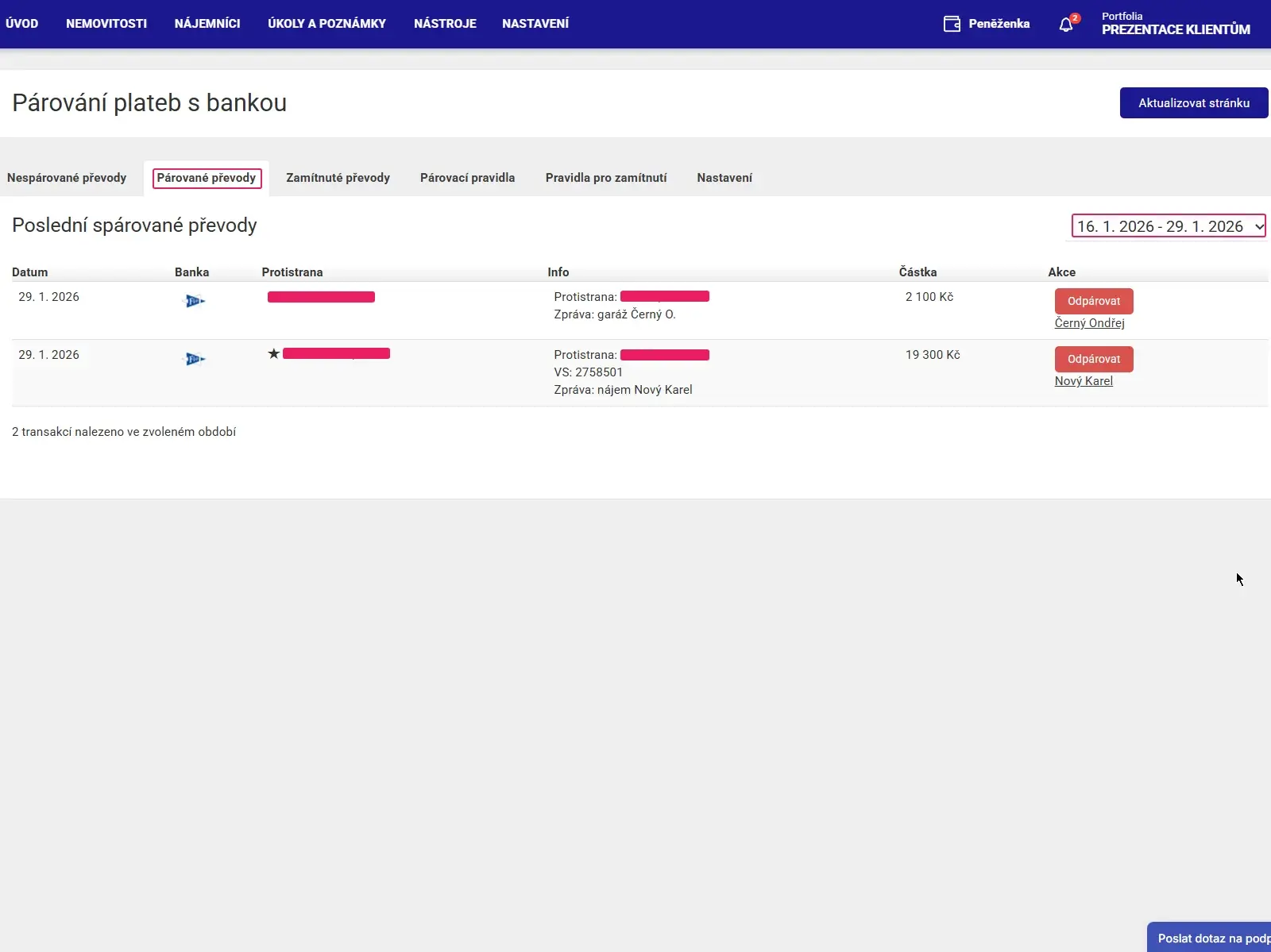 Aplikace Repilot: záložka Párované převody s přehledem spárovaných plateb a filtrem podle data