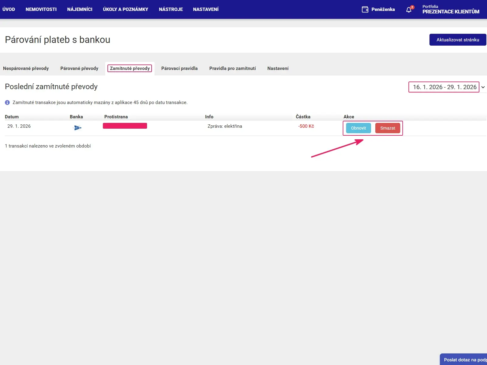 Aplikace Repilot: záložka Zamítnuté převody s tlačítky Obnovit a Smazat u zamítnuté platby