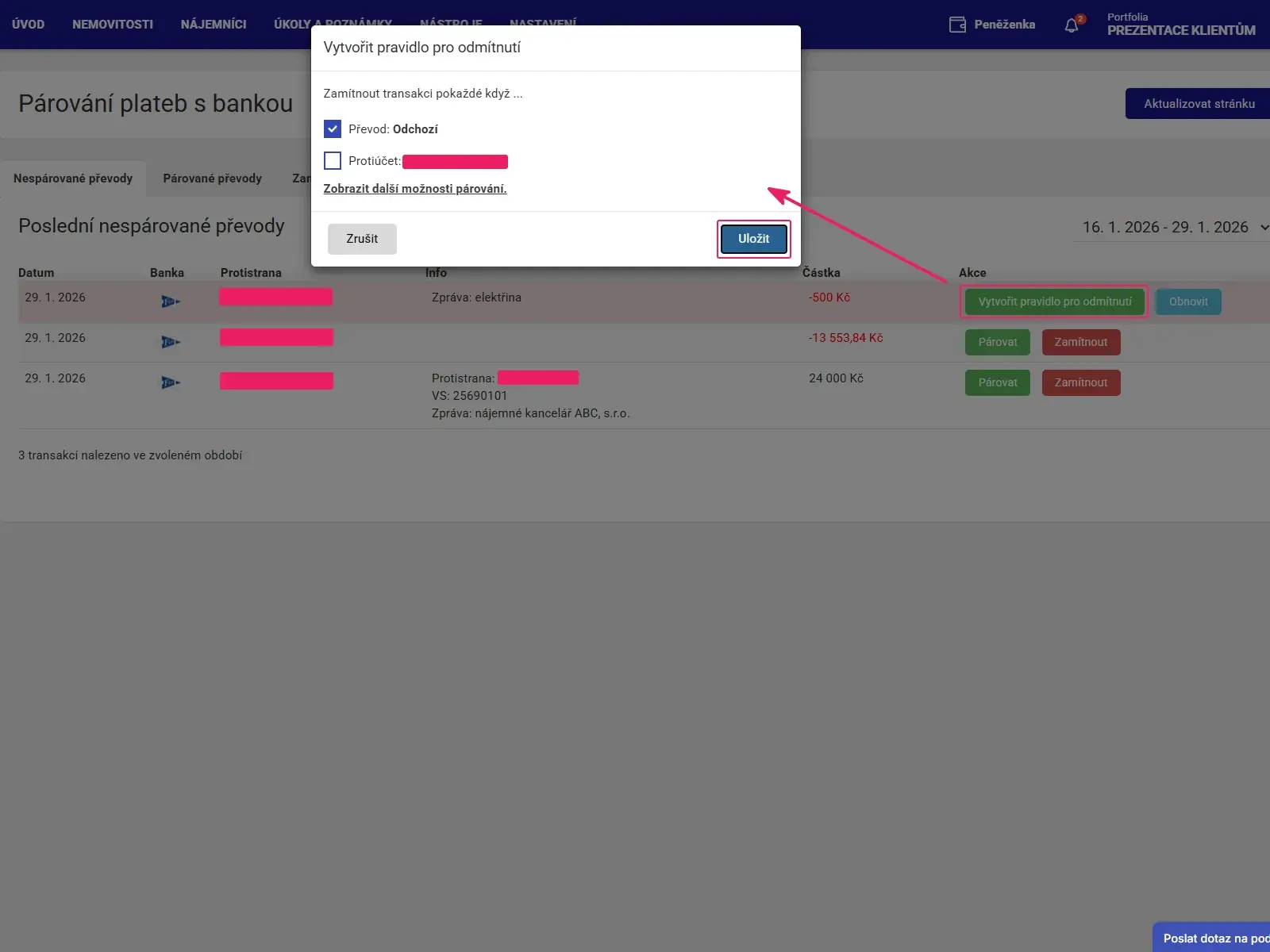 Aplikace Repilot: dialog Vytvořit pravidlo pro odmítnutí s podmínkou odchozího převodu