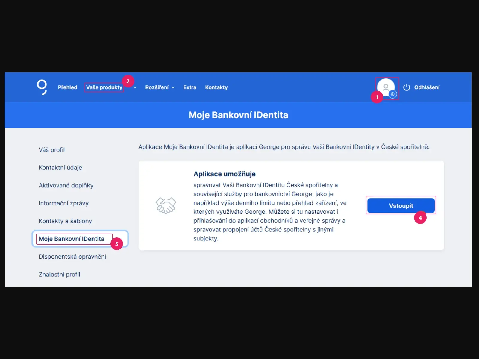 Internetové bankovnictví George: profil → Vaše produkty → Moje Bankovní IDentita a tlačítko Vstoupit