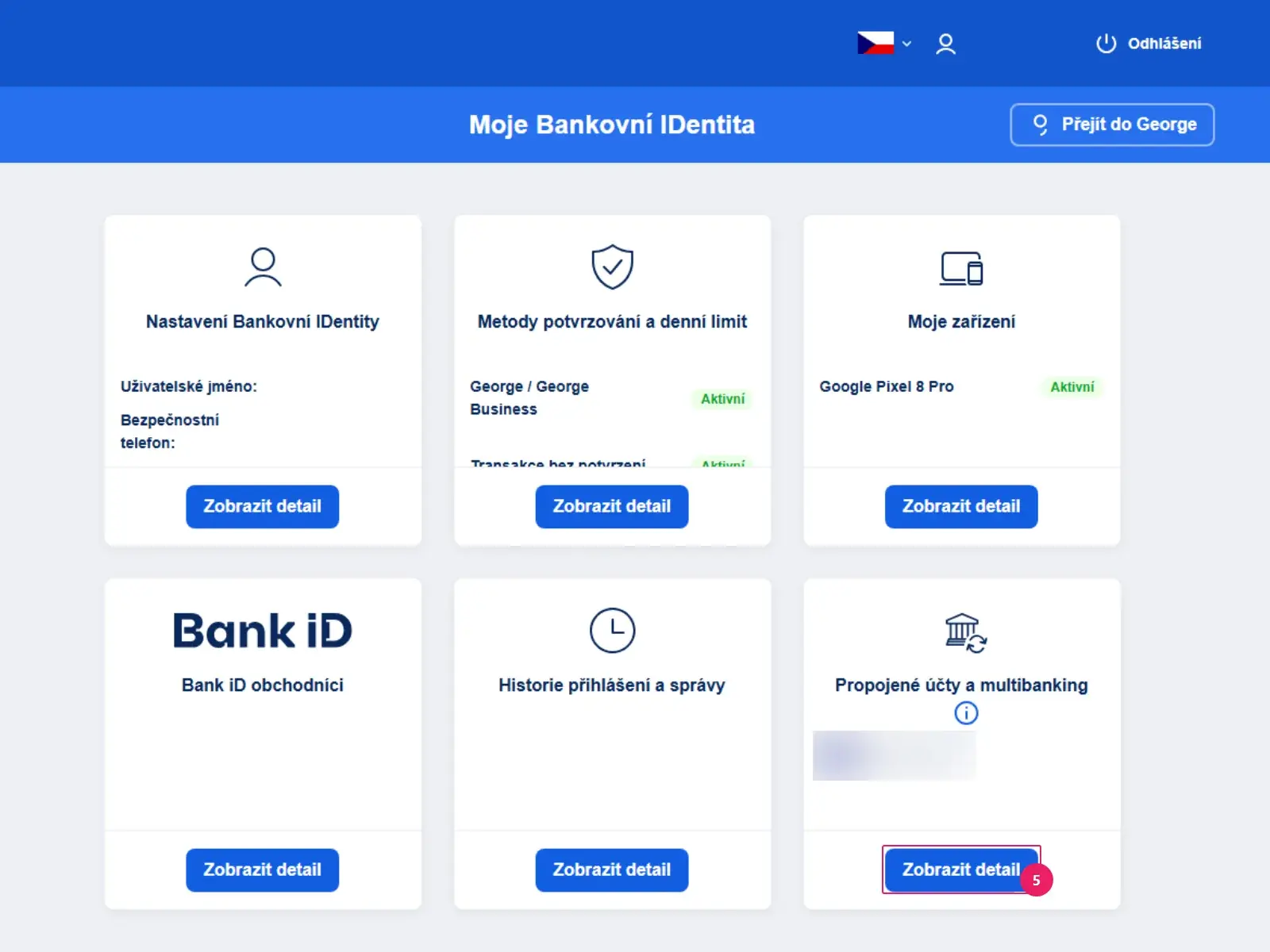 Portál Moje Bankovní IDentita: dlaždice Propojené účty a multibanking s tlačítkem Zobrazit detail