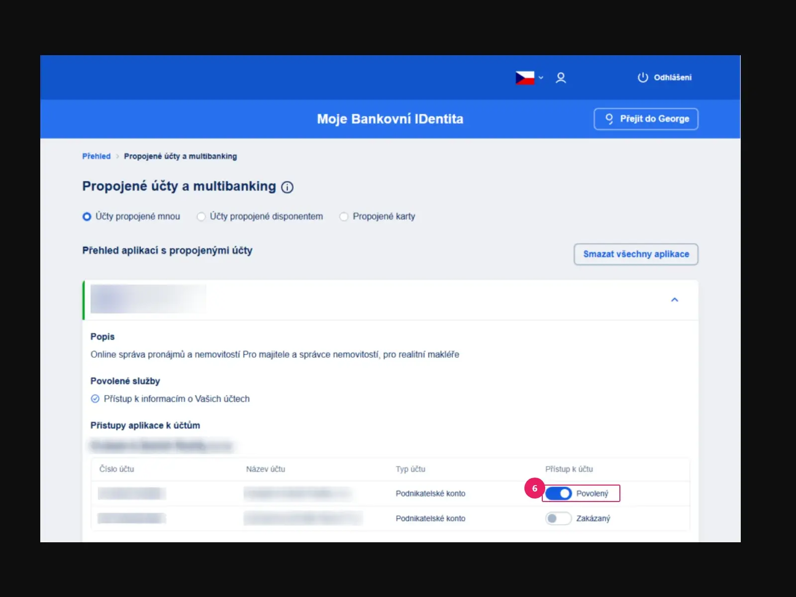 Portál Moje Bankovní IDentita: detail Propojené účty a multibanking, přepínač Přístup k účtu na Povolený