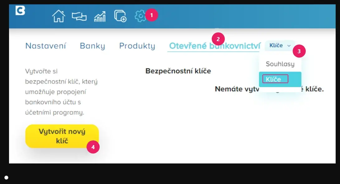 Internetové bankovnictví CREDITAS: Nastavení → Otevřené bankovnictví → Klíče a tlačítko Vytvořit nový klíč