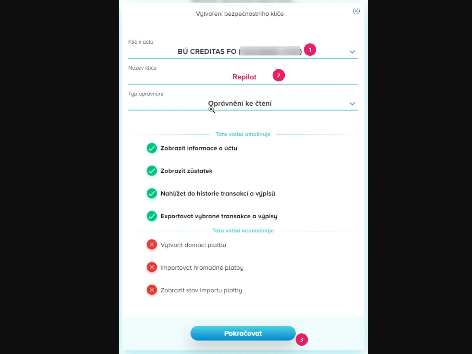 Internetové bankovnictví CREDITAS: vytvoření bezpečnostního klíče Repilot s oprávněním ke čtení