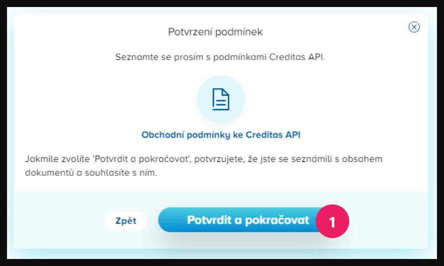 Internetové bankovnictví CREDITAS: potvrzení obchodních podmínek tlačítkem Potvrdit a pokračovat