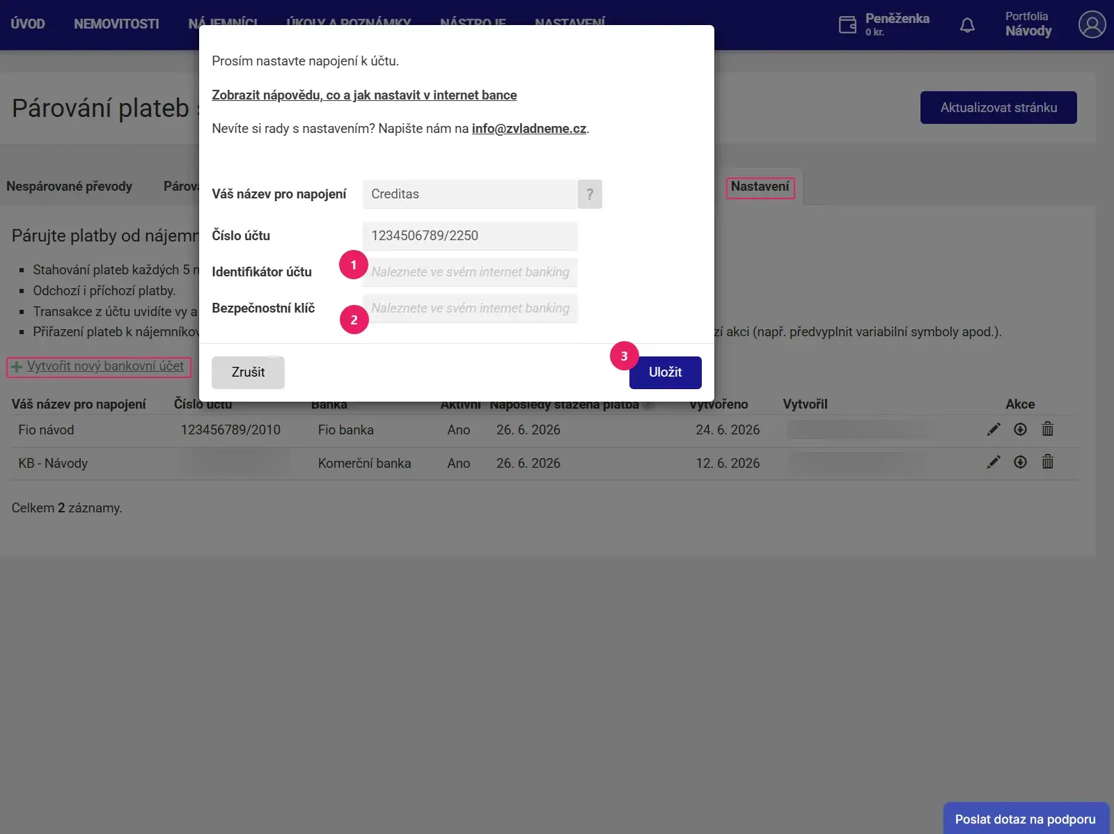 Aplikace Repilot: dialog napojení účtu s poli Identifikátor účtu a Bezpečnostní klíč a tlačítkem Uložit