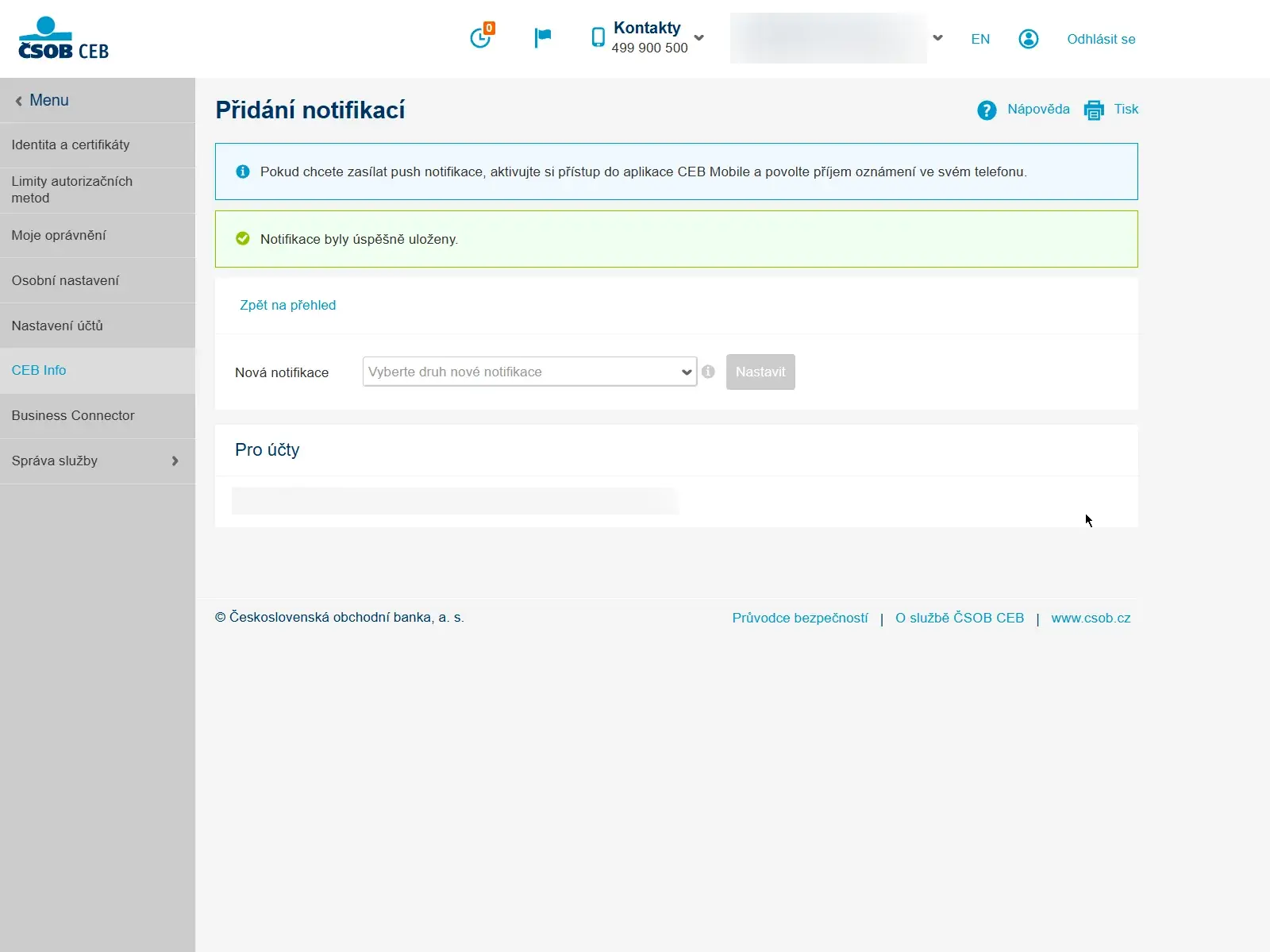 Internetové bankovnictví ČSOB CEB: potvrzení Notifikace byly úspěšně uloženy
