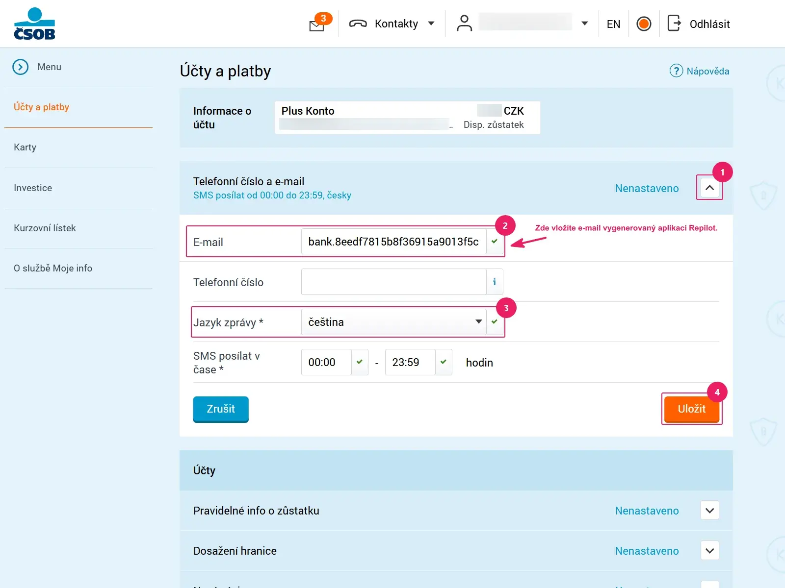 Internetové bankovnictví ČSOB: pole E‑mail pro notifikační adresu Repilot a tlačítko Uložit