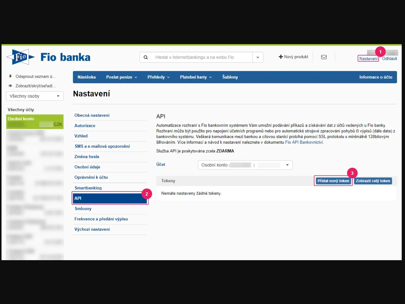 Internetové bankovnictví Fio banky: Nastavení → API a tlačítko Přidat nový token