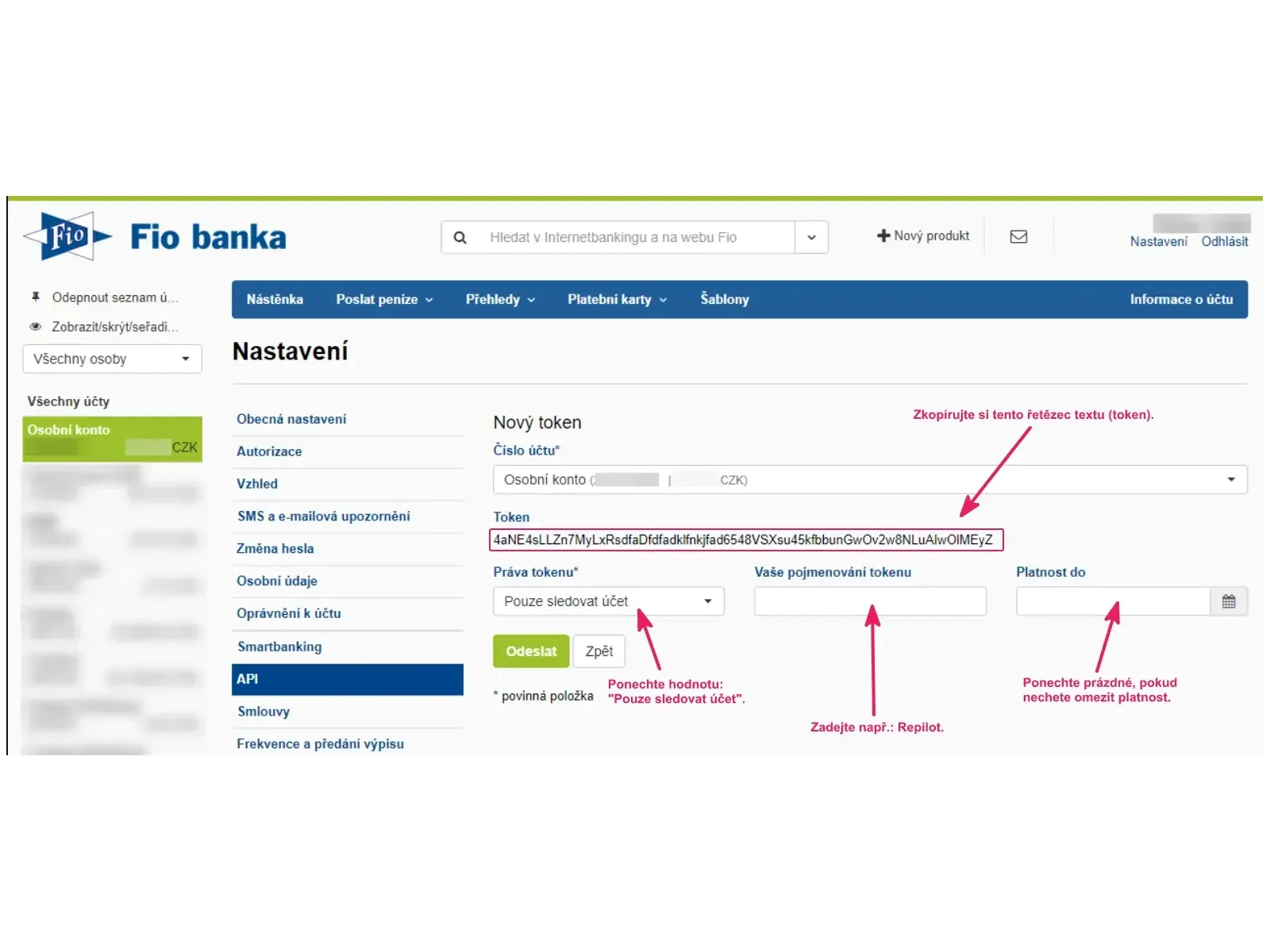 Internetové bankovnictví Fio banky: nový token s právy Pouze sledovat účet a polem pro pojmenování