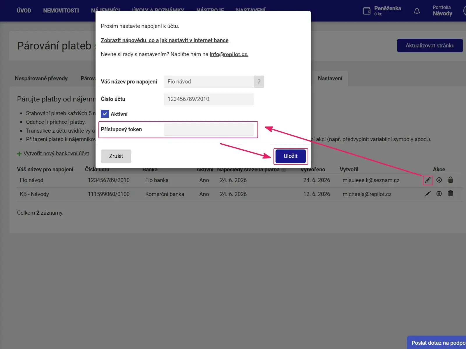 Aplikace Repilot: dialog napojení účtu s polem Přístupový token a tlačítkem Uložit