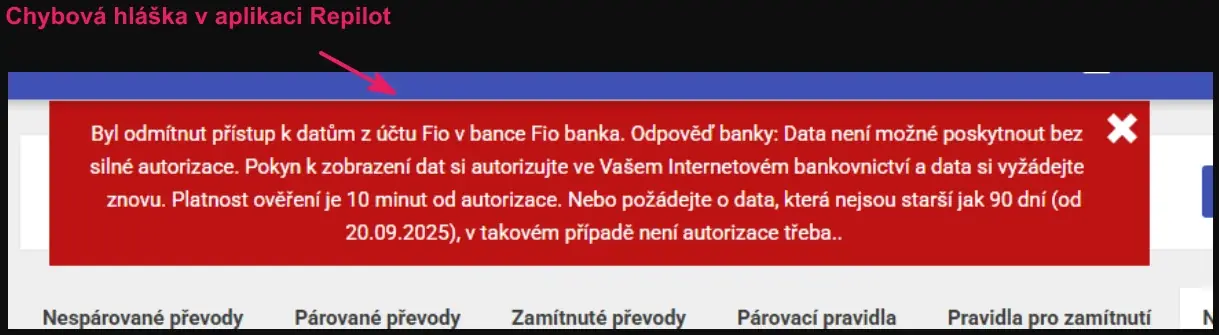 Aplikace Repilot: chybová hláška o odmítnutém přístupu k datům z Fio banky bez silné autorizace