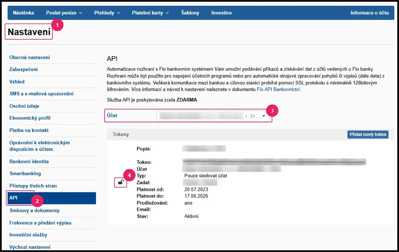 Internetové bankovnictví Fio banky: detail tokenu v Nastavení → API s ikonou zámku pro autorizaci