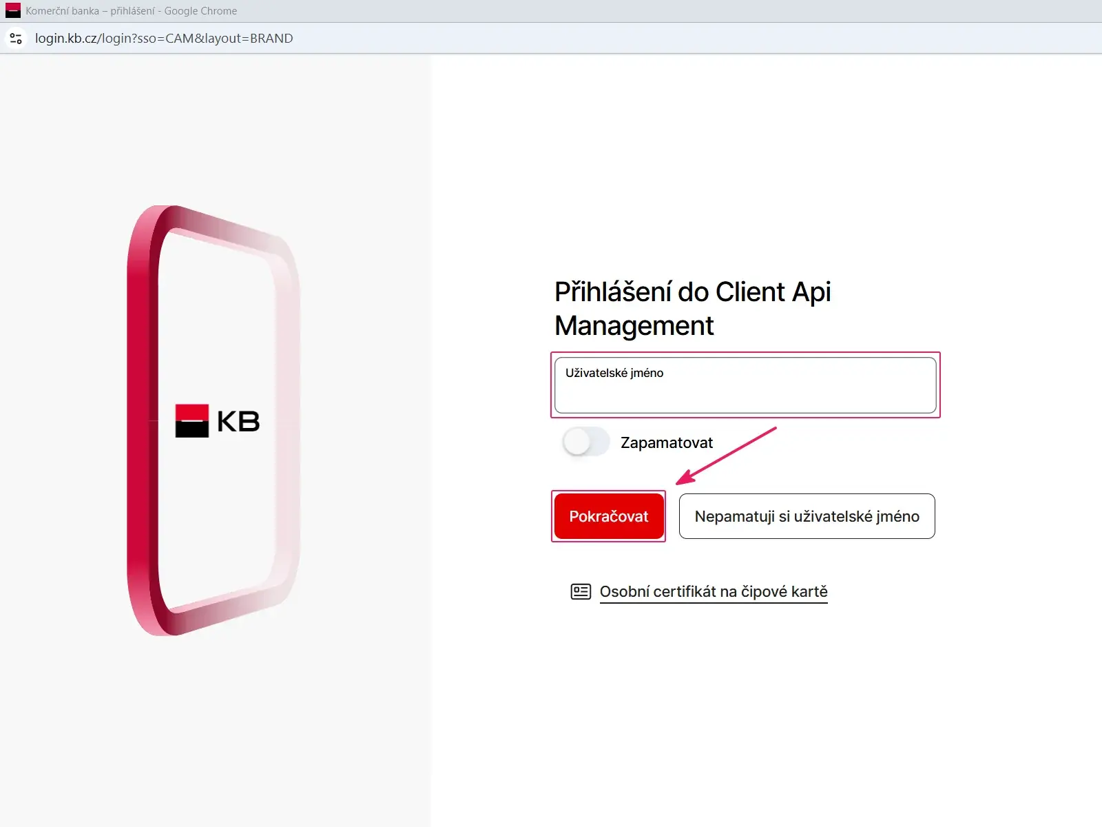Internetové bankovnictví Komerční banky: přihlášení s polem Uživatelské jméno a tlačítkem Pokračovat