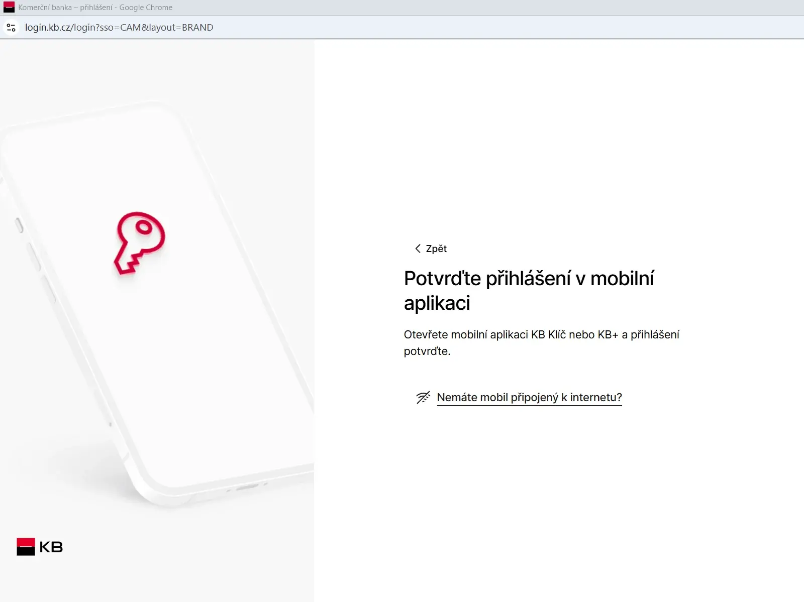 Internetové bankovnictví Komerční banky: výzva Potvrďte přihlášení v mobilní aplikaci KB Klíč