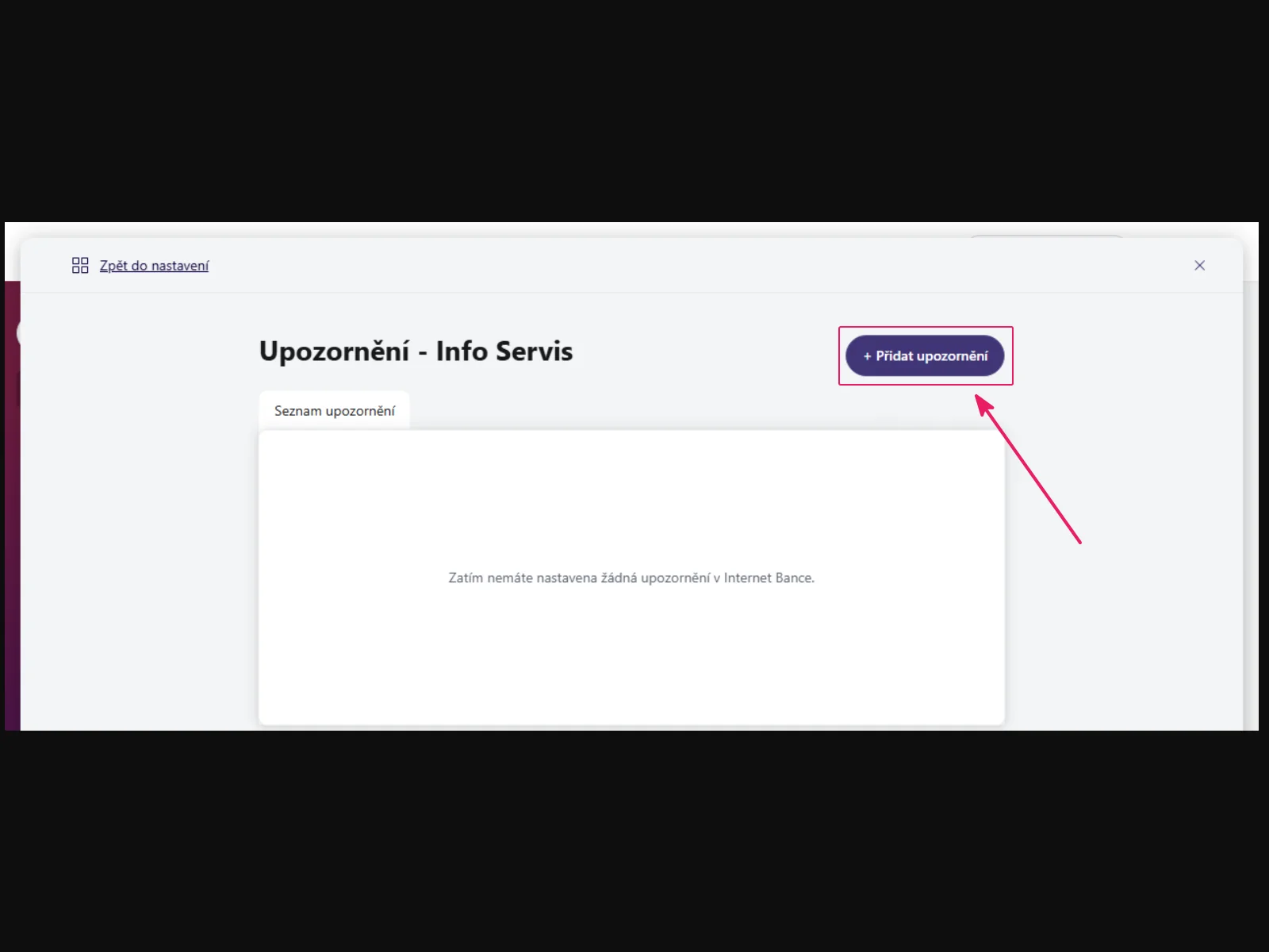Internetové bankovnictví Moneta: modré tlačítko Přidat upozornění