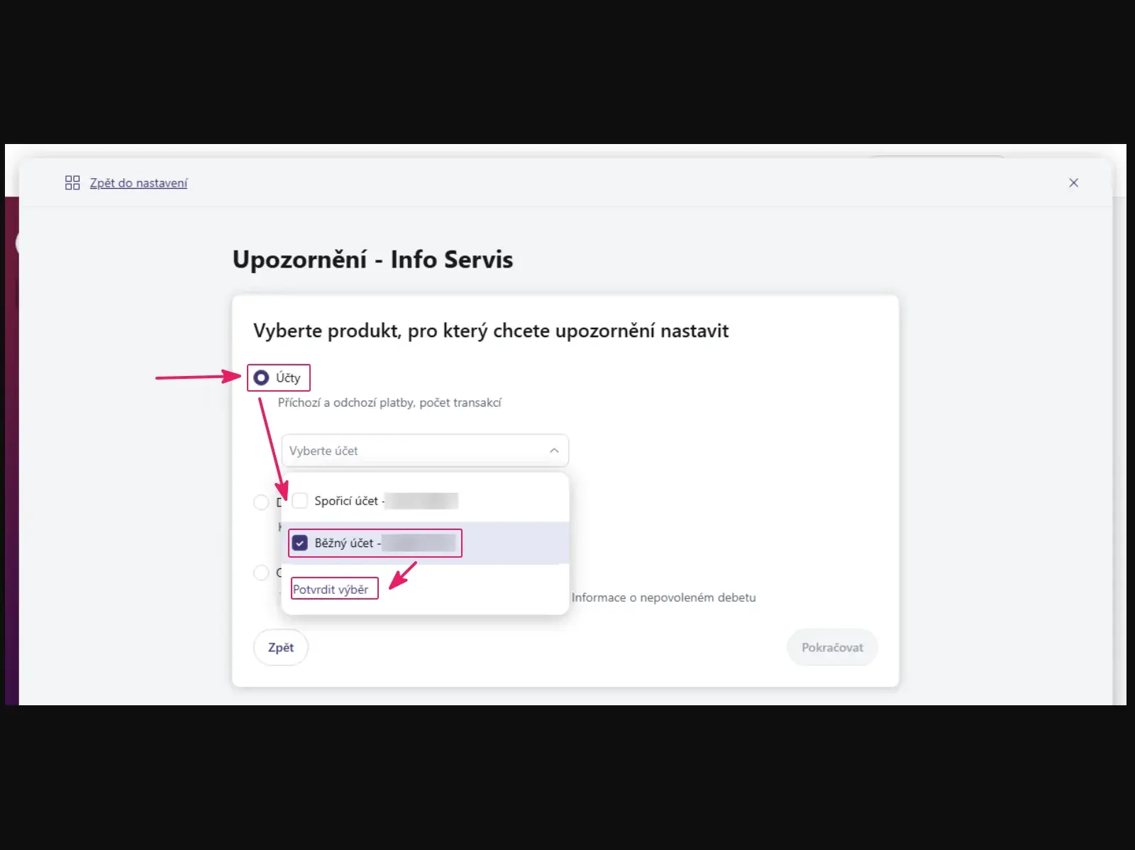 Internetové bankovnictví Moneta: výběr bankovního účtu pro upozornění