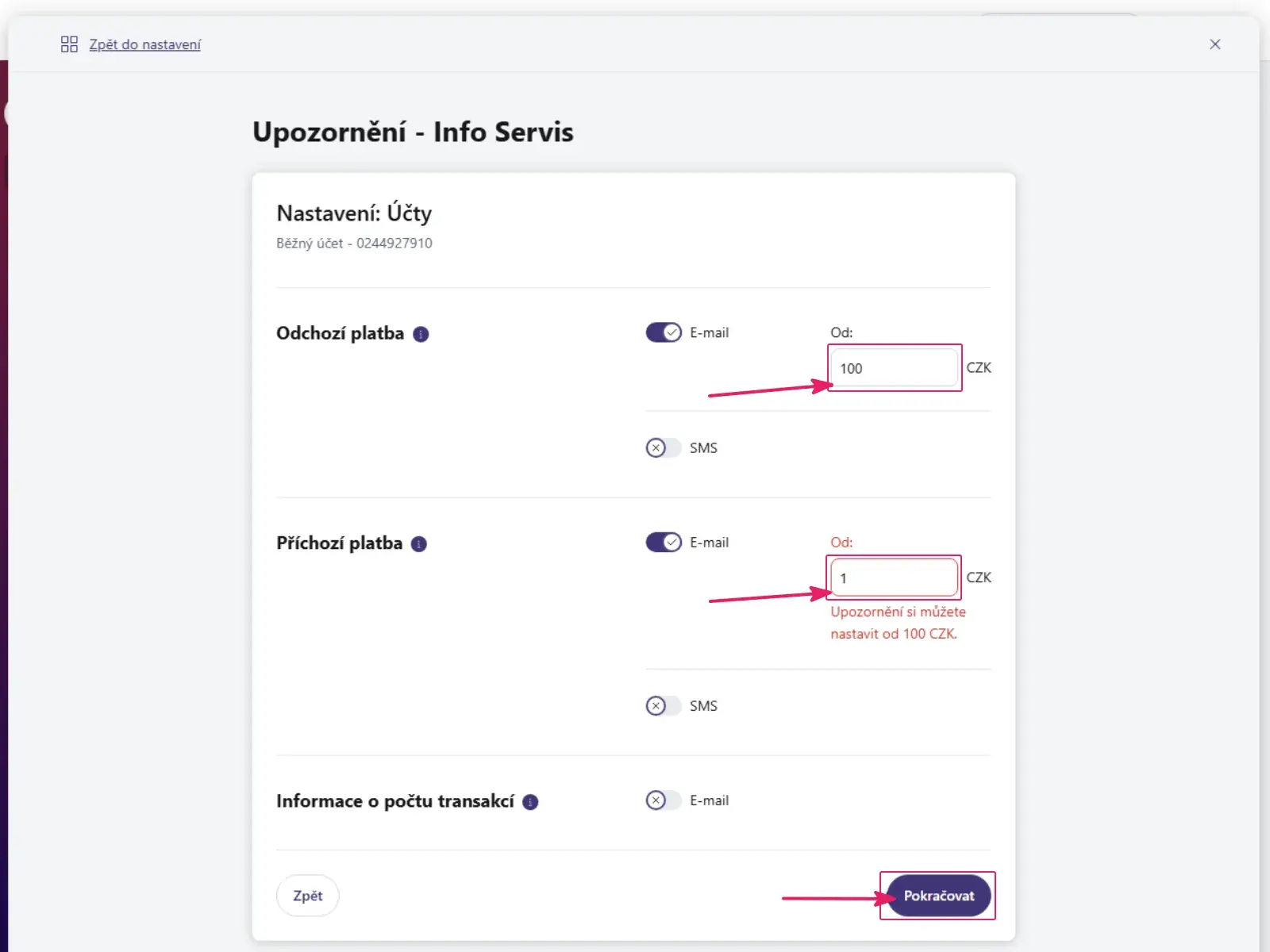 Internetové bankovnictví Moneta: Upozornění Info Servis, zapnutý e‑mail pro odchozí i příchozí platby