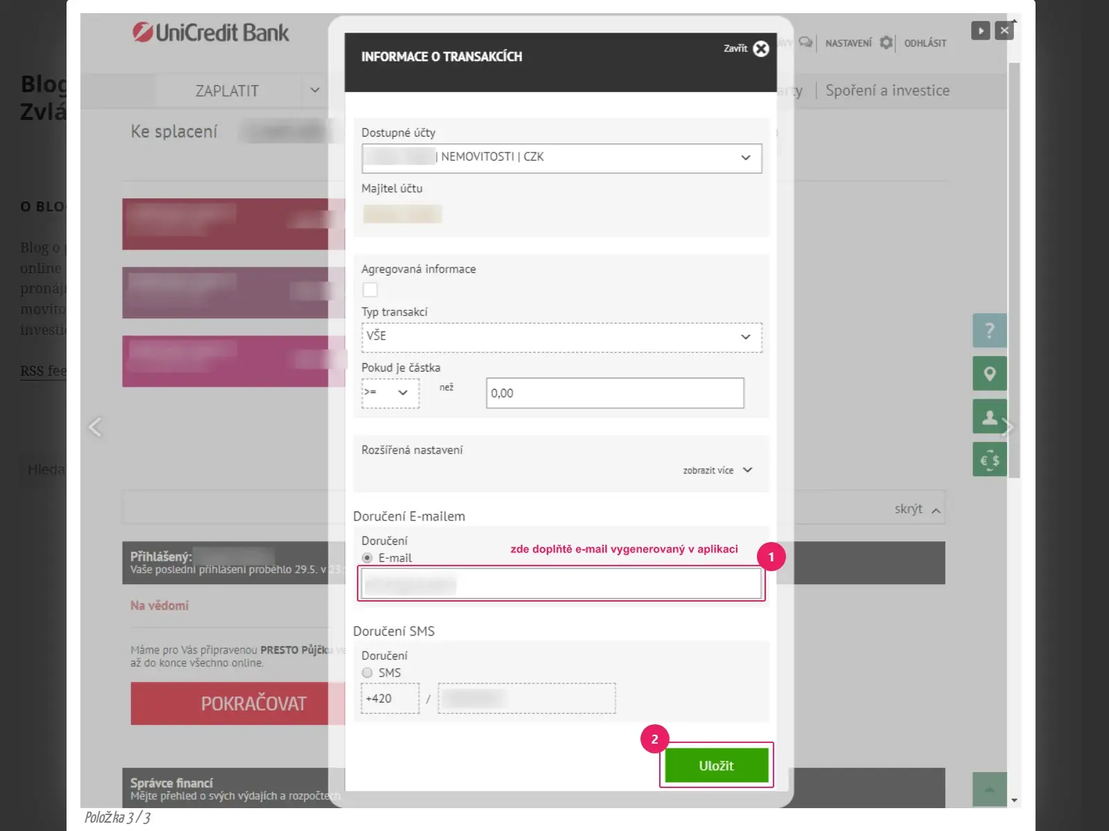 Internetové bankovnictví UniCredit Bank: dialog Informace o transakcích pro nastavení notifikací