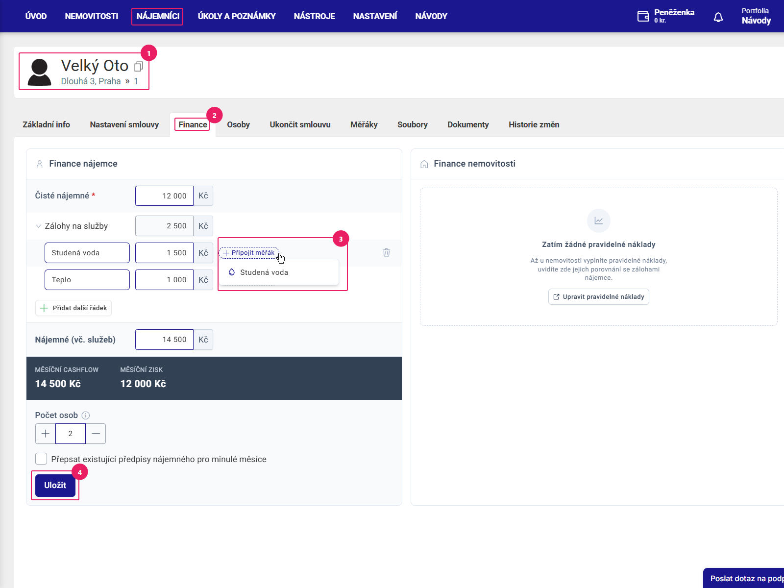 Aplikace Repilot: záložka Finance nájemce - připojení měřáku k záloze na služby tlačítkem Připojit měřák
