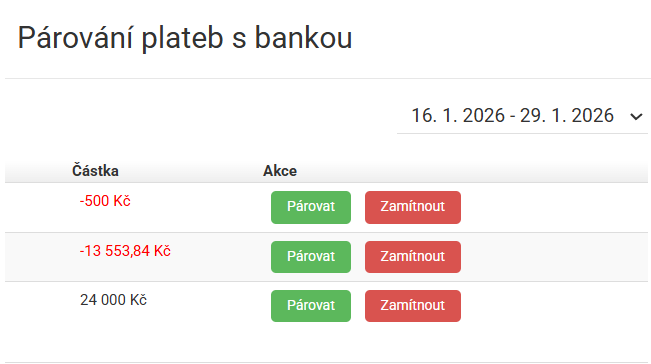 Párování bankovních plateb s předpisy nájemného v aplikaci Repilot