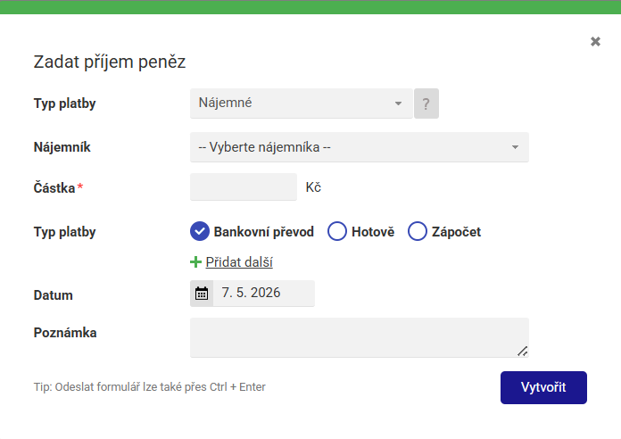 Formulář pro zadání příjmu nájemného v aplikaci Repilot