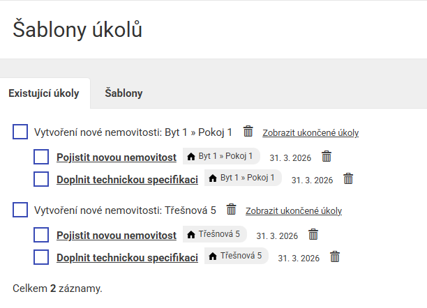 Úkoly a šablony úkolů ke správě nemovitostí v aplikaci Repilot