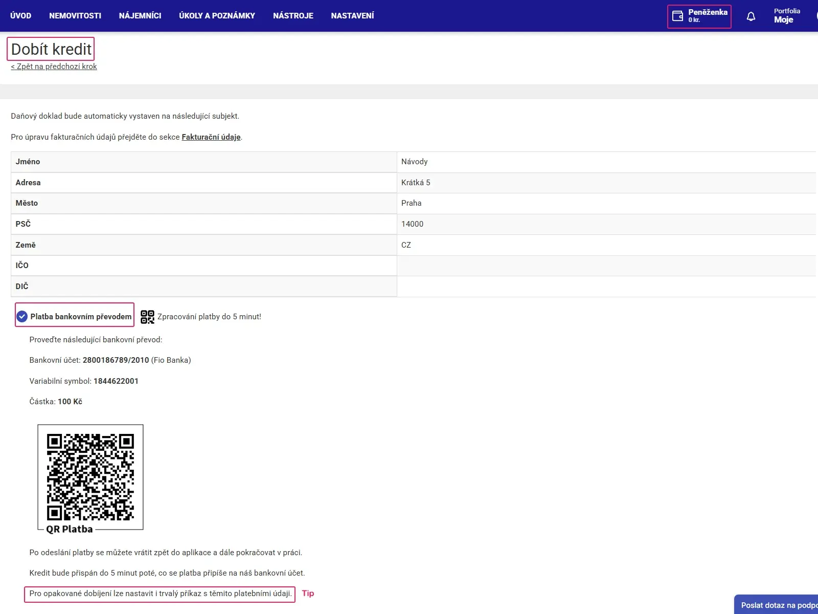 Aplikace Repilot: platební údaje pro převod - číslo účtu, variabilní symbol, částka a QR kód platby