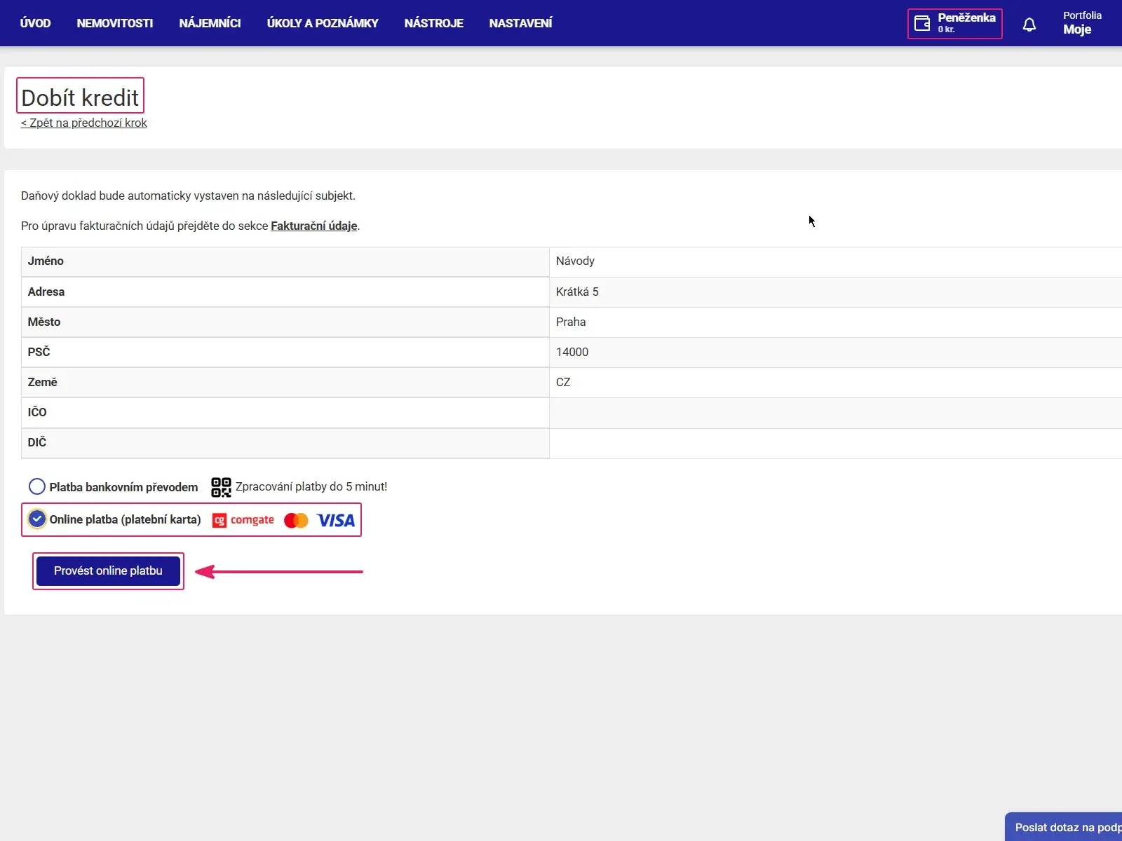 Aplikace Repilot: volba Online platba kartou a zvýrazněné tlačítko Provést online platbu