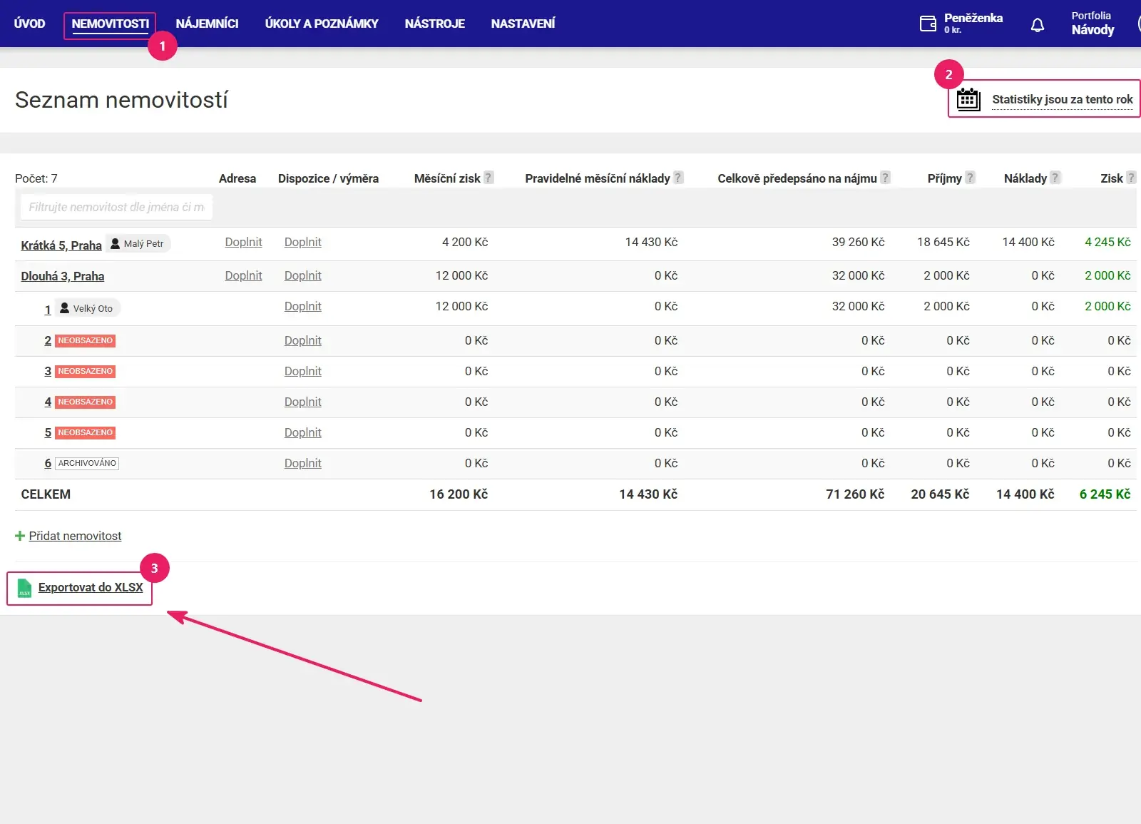 Aplikace Repilot: seznam nemovitostí s filtrem období a odkazem Exportovat do XLSX pod tabulkou