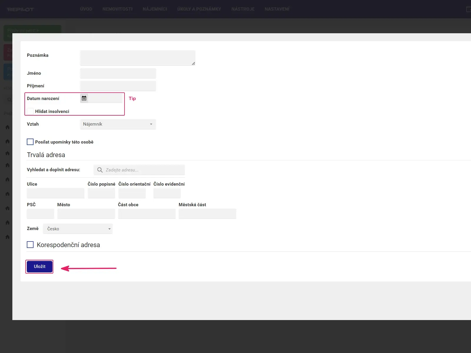 Aplikace Repilot: detail kontaktu se zvýrazněným datem narození a polem Hlídat insolvenci