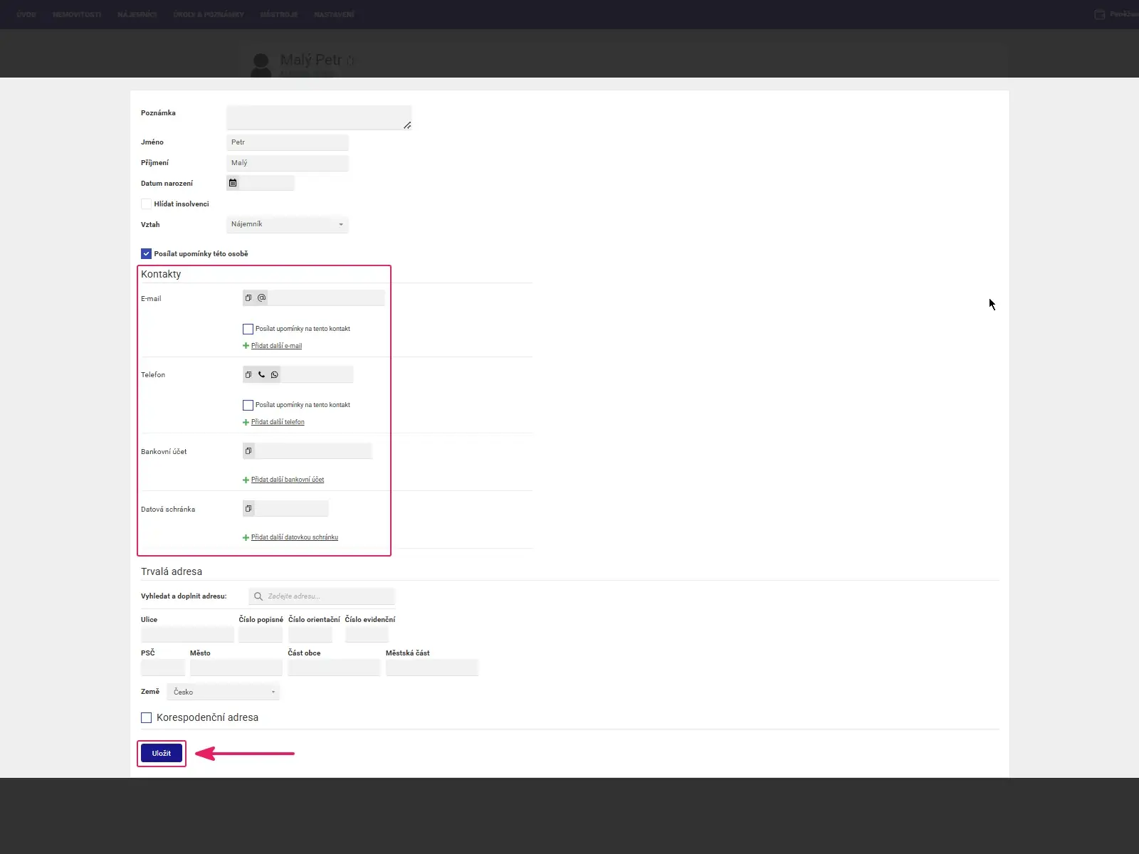 Aplikace Repilot: sekce Kontakty v detailu osoby - e‑mail, telefon, bankovní účet a datová schránka