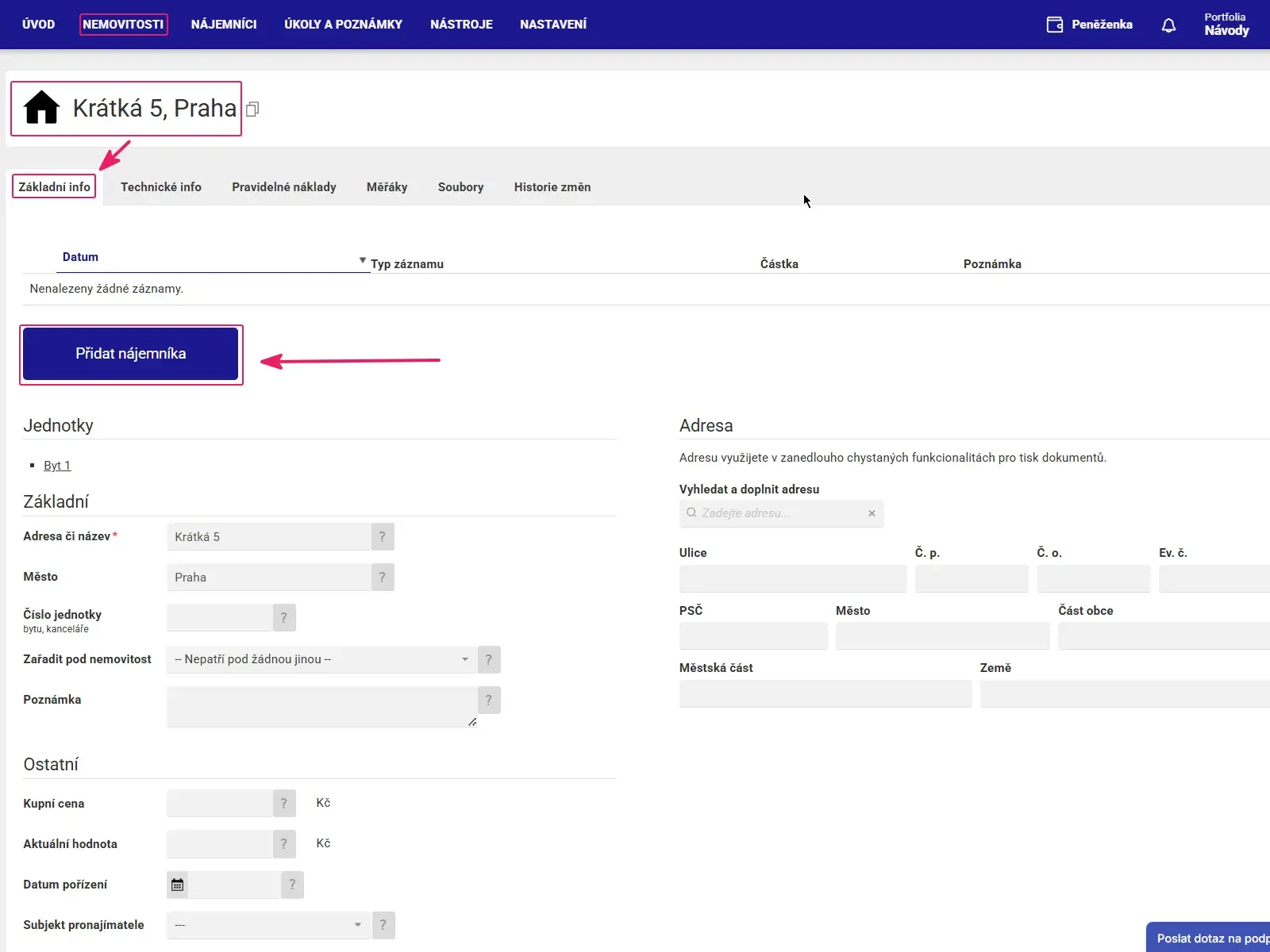 Aplikace Repilot: záložka Základní info nemovitosti se zvýrazněným tlačítkem Přidat nájemníka